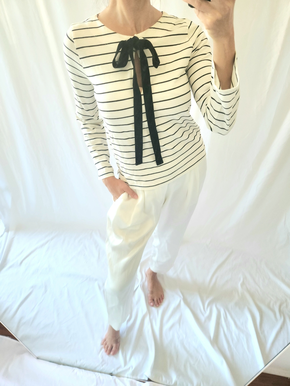 J. Crew Striped Cream and Black Bow-Front Long Sleeve Top